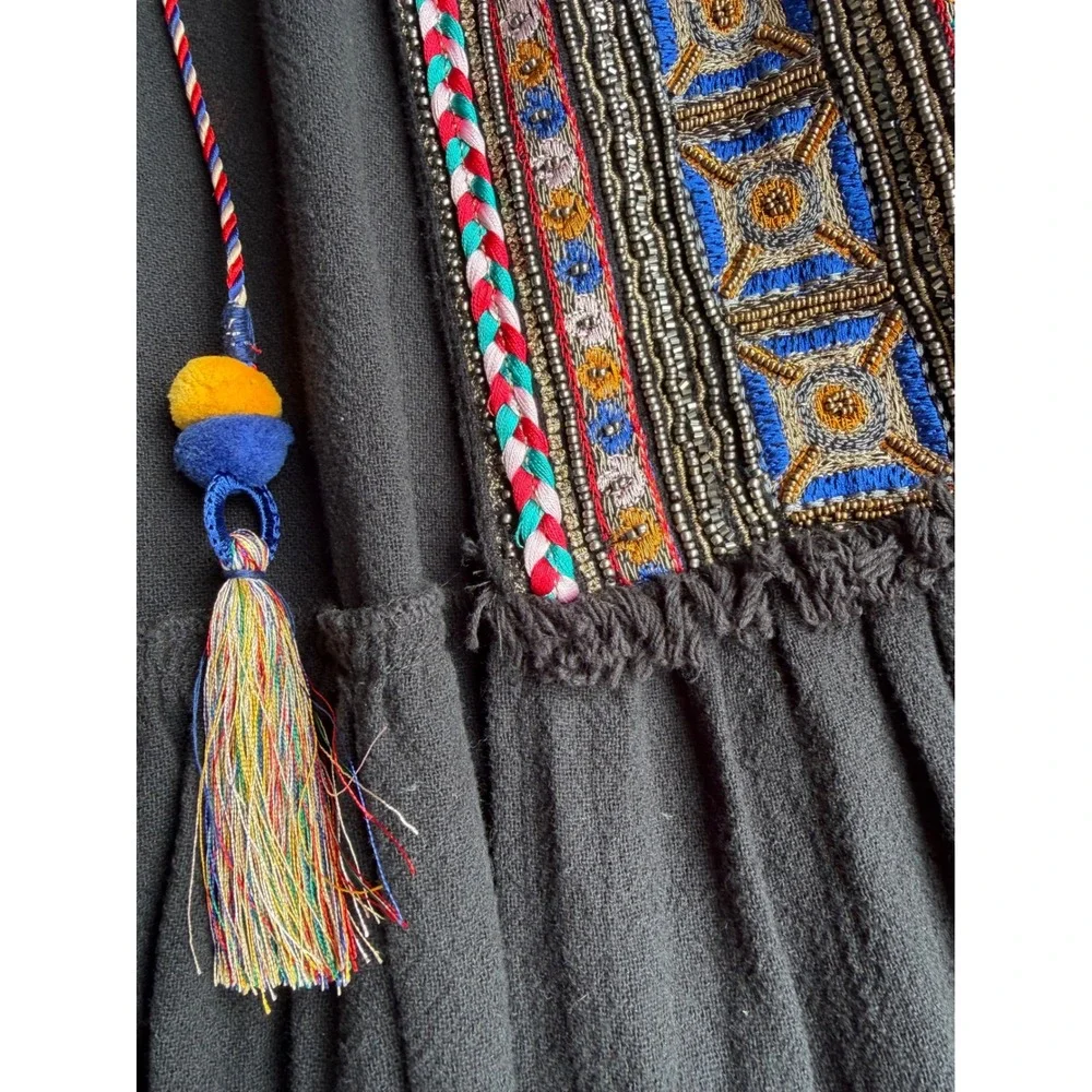 New Zara Beaded Folk Embroidered Tassel‎ Boho Blouse Balloon Sleeve Top NWT M